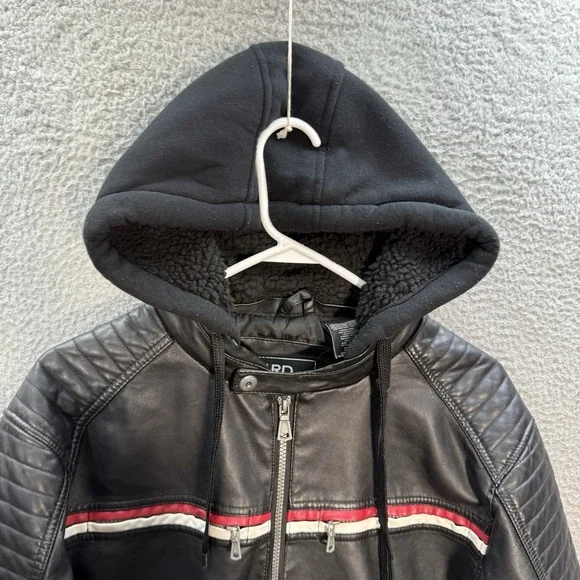 Hard Edge Jacket Adult XL Black Faux Leather Motorcycle Biker Hooded Moto Y2K - Picture 12 of 12